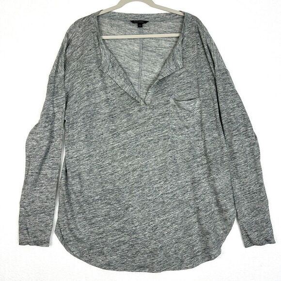 Banana Republic Tops - Banana Republic V Neck Linen Pullover Top Womens Large Grey Long Sleeve Pocket